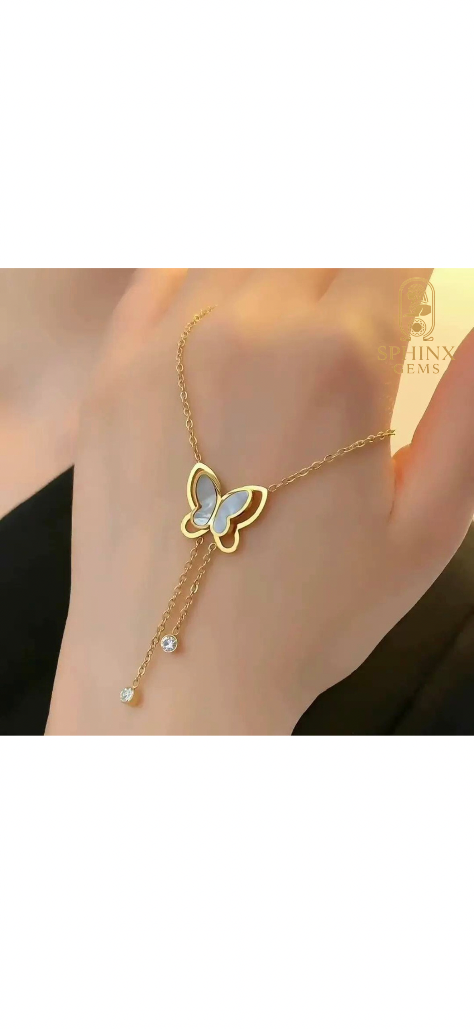 Golden Butterfly Drop Necklace – Elegant Mother-of-Pearl Design