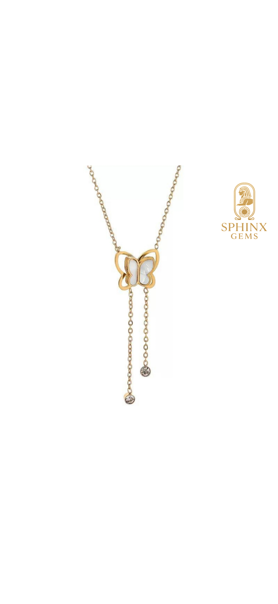 Golden Butterfly Drop Necklace – Elegant Mother-of-Pearl Design