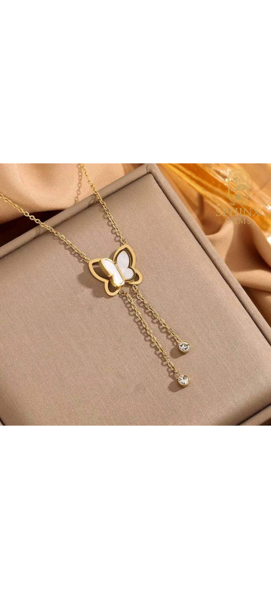 Golden Butterfly Drop Necklace – Elegant Mother-of-Pearl Design