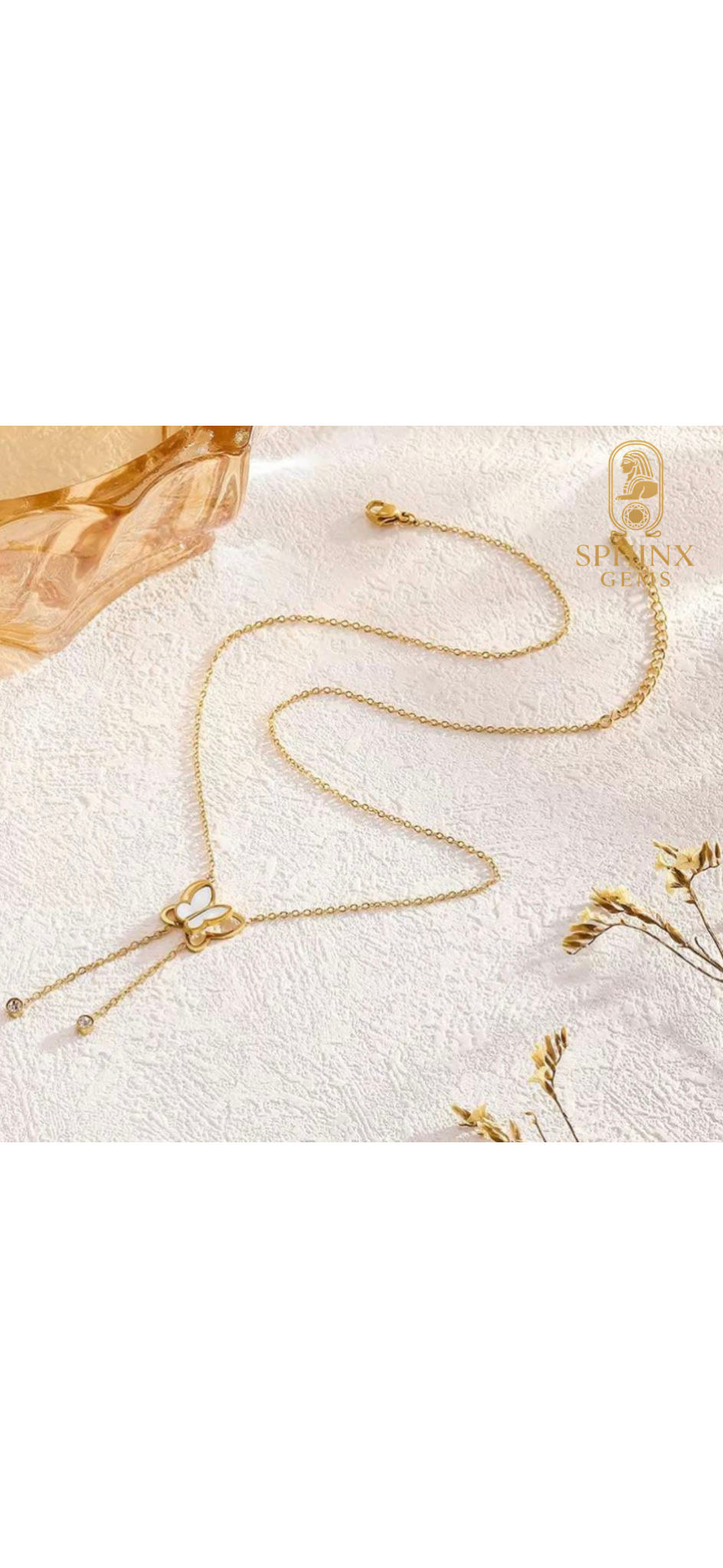 Golden Butterfly Drop Necklace – Elegant Mother-of-Pearl Design